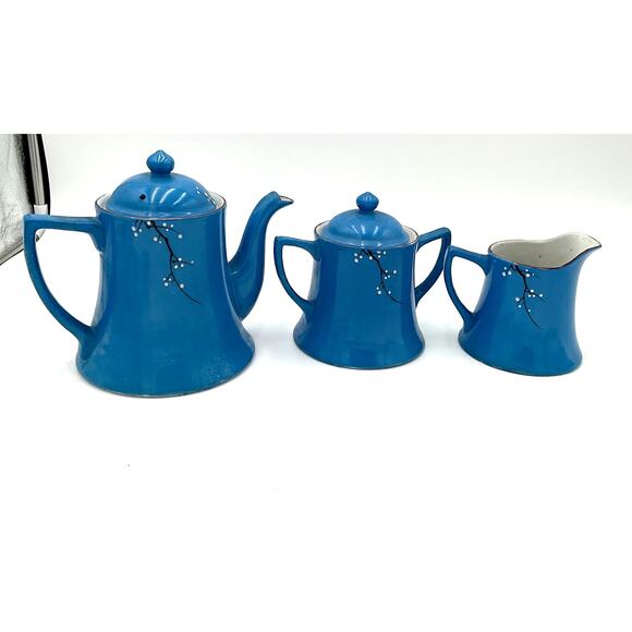 Made in Japan White Cherry Blossom Tea Set in Robins Egg Blue - Picture 2 of 8